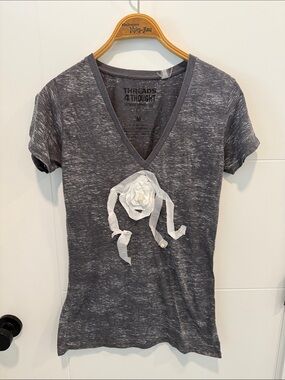 Threads 4 Thought Charcoal V-Neck Tee with White Floral Appliqué